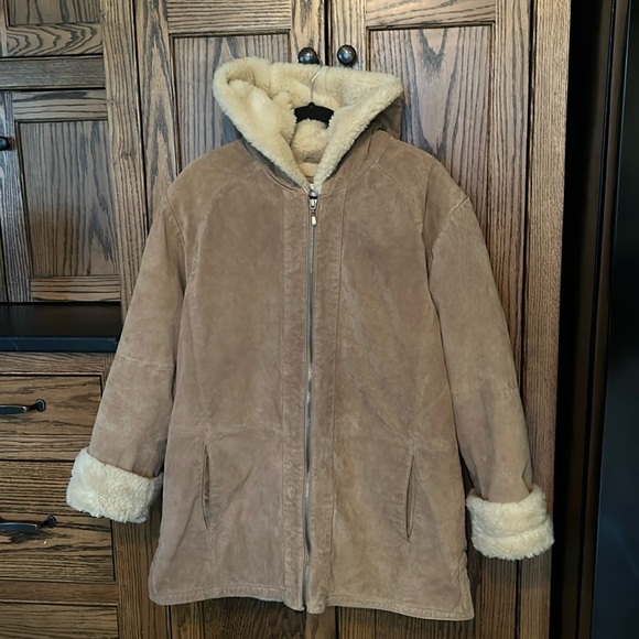 Washable Suede Leather Coat Faux Fur Lining Penny Lane Jacket Pockets Warm Large